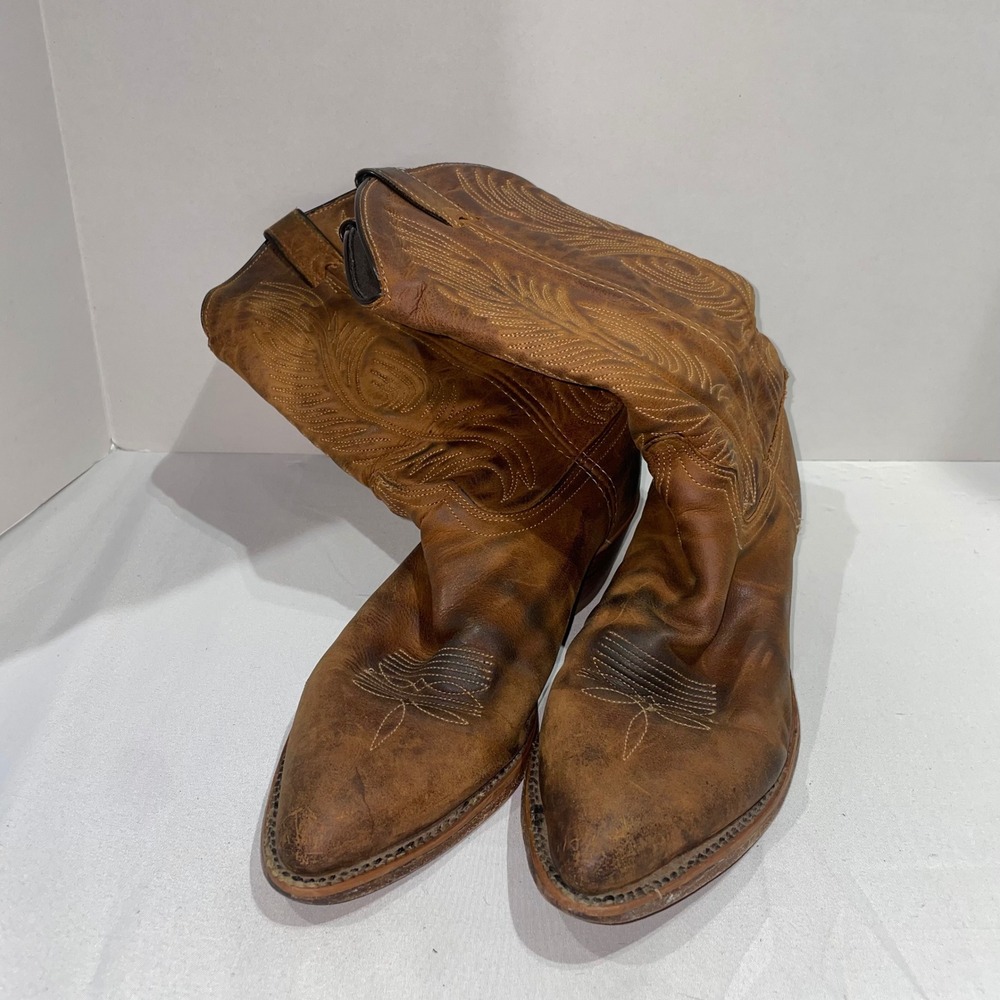 Distressed Brown Leather Western Cowboy Boots Pointed Toe Stitched Detail